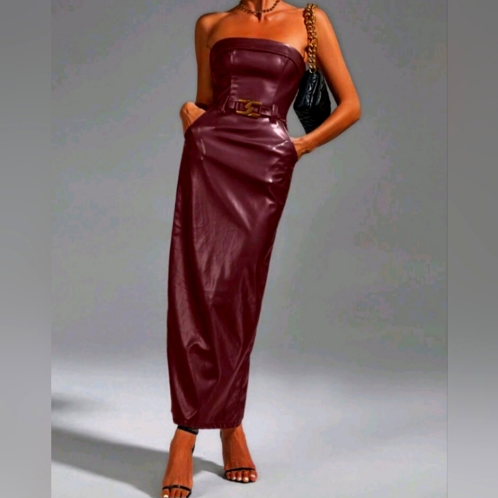 Slant pocket split back tube dress without belt burgundy